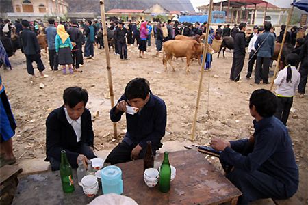 Bán xong bò, những người đàn ông tha hồ uống rượu ngay tại chợ.