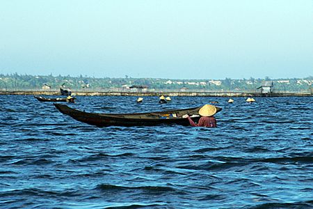 Đầm nước rộng nhưng không sâu nên người dân thường đẩy thuyền ra Phá để mò cua, ốc và những sản vật khác.